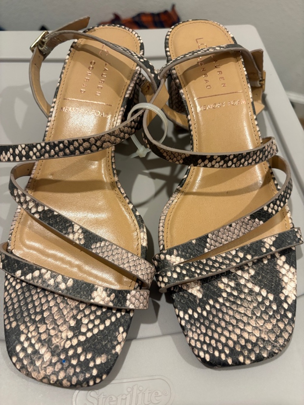 LC Lauren Conrad Black and Tan Snake-Print Strappy Heels